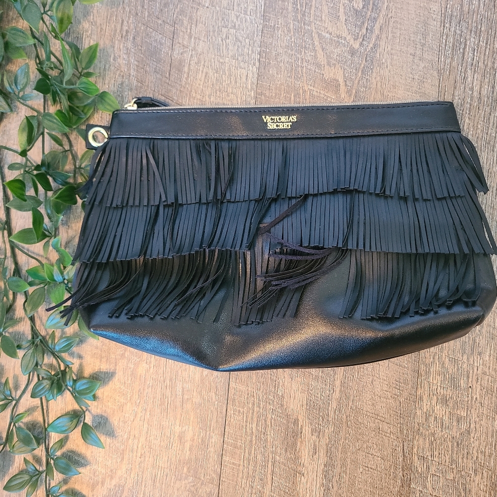 Victoria's Secret, Large Makeup Bag/Clutch, Black Faux Leather Fringe, Zip Top